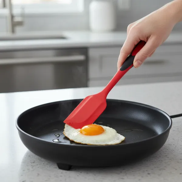 Hand using a red silicone spatula to gently flip eggs in a non-stick electric skillet, protecting the surface.