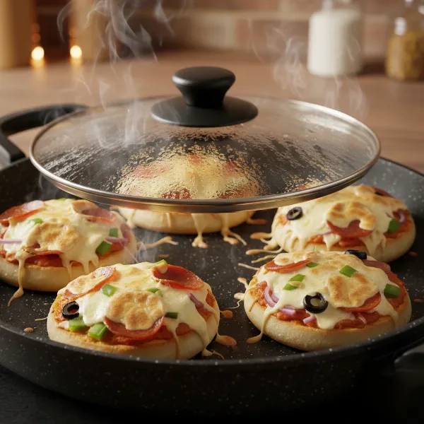 English muffin pizzas cooking in a hot skillet with melted, bubbly cheese and a crispy golden crust.