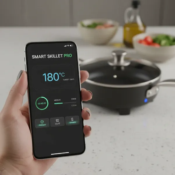 A hand holding a smartphone displaying an app interface controlling a smart electric skillet remotely, showing temperature settings.