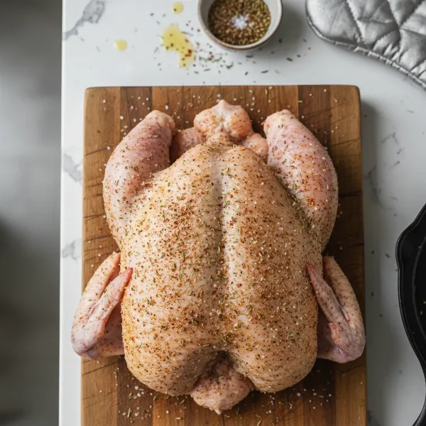 A spatchcocked whole chicken, marinated and patted dry, ready to be placed in an electric skillet.