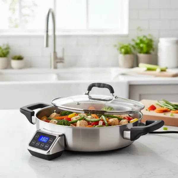 An elegant stainless steel electric skillet with a glass lid cooking a healthy meal.