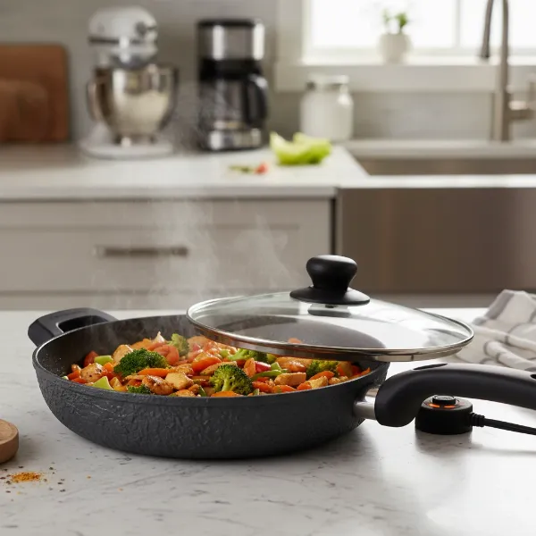 A Starfrit The Rock electric skillet actively cooking a meal, showcasing its unique surface and features.