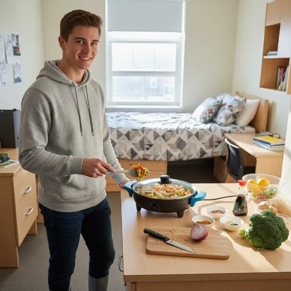 A student cooking a meal in an electric skillet in a dorm room.