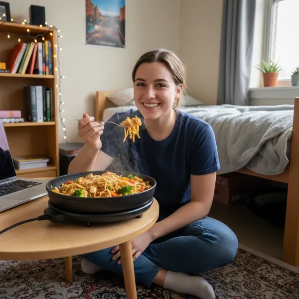 A student enjoying a simple, home-cooked meal prepared in an electric skillet.