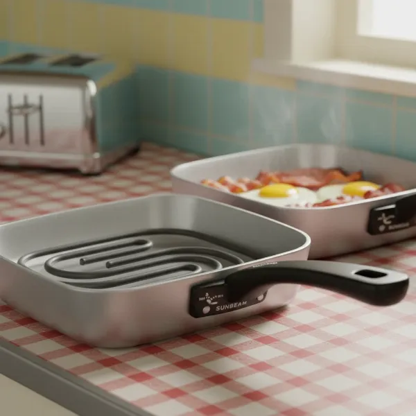 Historic Sunbeam Automatic Frypan from 1953 with a black handle and temperature control.