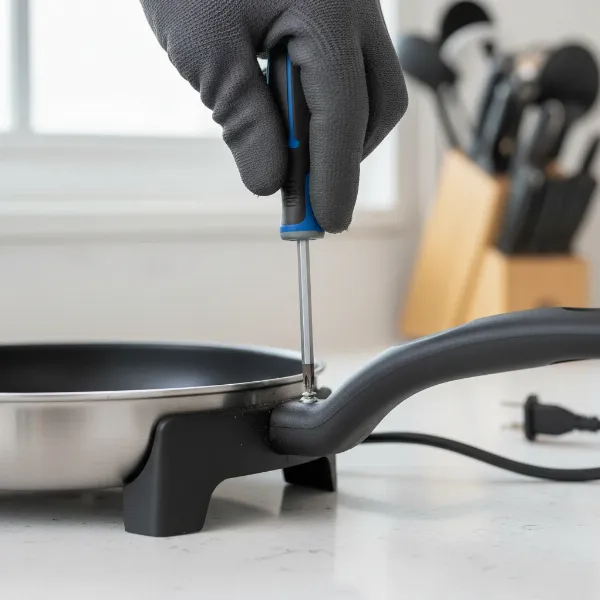 Hand using a screwdriver to tighten a loose screw on an electric skillet handle for stability.