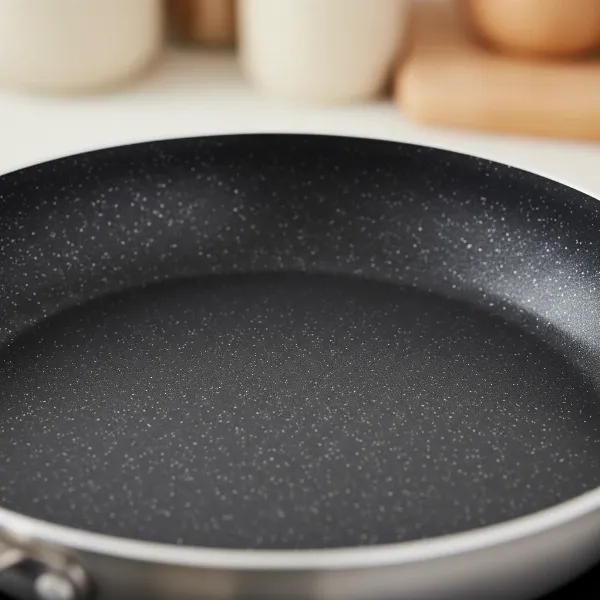 Close-up of a non-stick frying pan with visible titanium reinforcement in the coating.