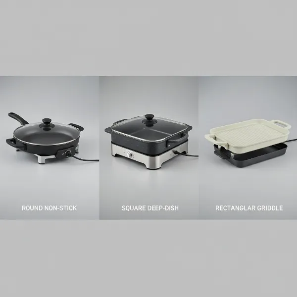 A collage of different electric skillet types including round, square, and rectangular shapes.