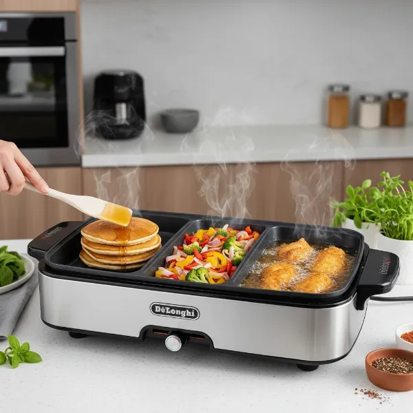 Electric skillet cooking various meals: pancakes, sautéed vegetables, and fried chicken.