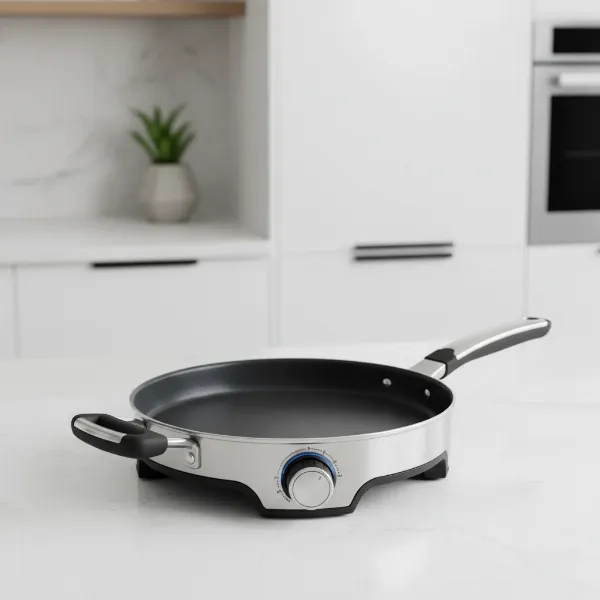 A modern electric skillet on a kitchen countertop, showcasing its versatile cooking capabilities.