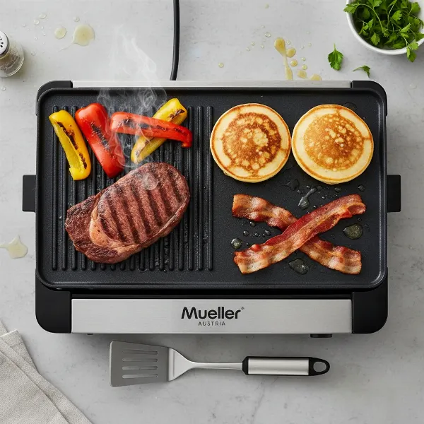 Diverse foods cooking simultaneously on a Mueller Ultra-Gourmet electric grill and griddle
