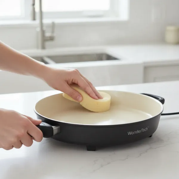 Hands easily wiping clean the non-stick ceramic surface of a WonderTech electric skillet after cooking.