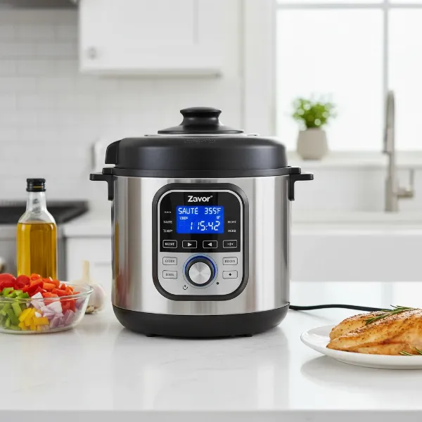 Zavor LUX LCD multi-cooker on a kitchen counter, showing its sleek design and multiple functions.