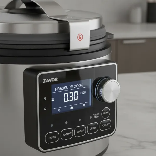 Close-up of Zavor LUX LCD's control panel and lid, highlighting its intuitive interface and smart features.