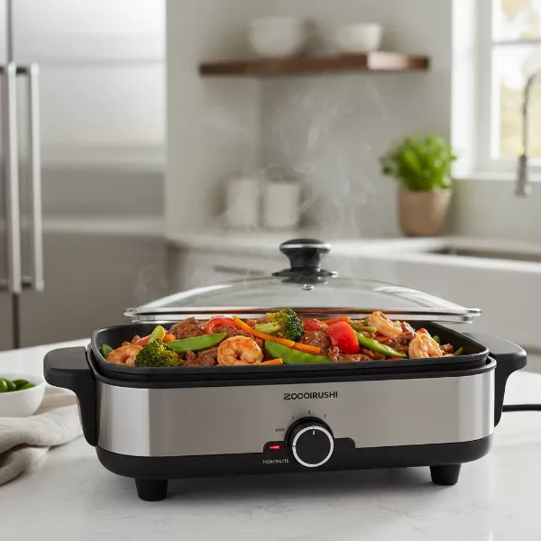 Zojirushi electric skillet cooking stir-fry on a kitchen countertop